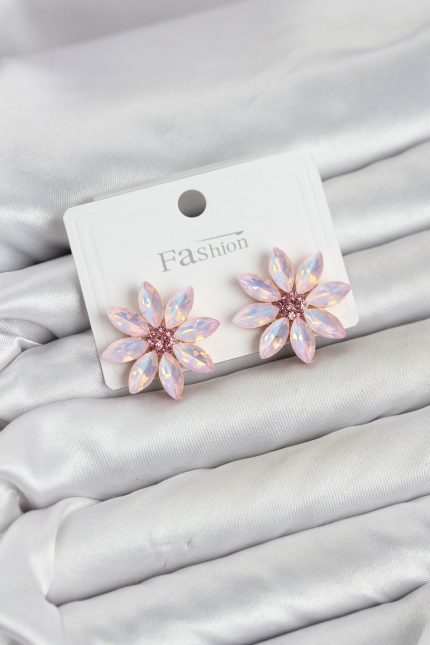 Bouquet Boutique Pembe Renk Kristal Taşlı Lotus Çiçek Model Kadın Küpe BQT35BKP11923