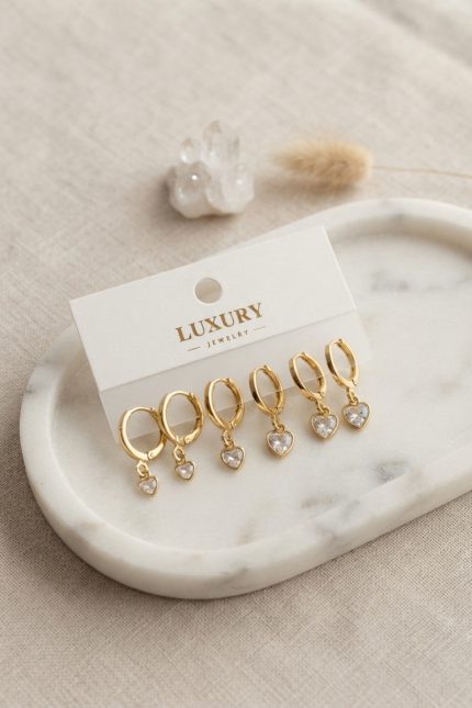 Bouquet Boutique Kalp Zirkon Taşlı Gold Renk Pirinç Set Küpe BQT35BKP11990
