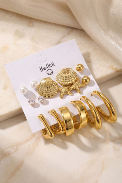 Bouquet Boutique Metalik Kaplama Gold Renk Deniz Kabuğu Detaylı CCB 9 Çift Kadın Küpe Seti BQT35BKP12100
