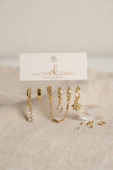 Bouquet Boutique Gold Renk Pirinç Zirkon Taş Detaylı 6'lı Küpe Kombin Seti BQT35BKP12136