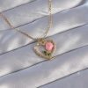 Bouquet Boutique 316L Çelik Zincirli Gold Renk Zirkon Taşlı Kalp İçinde Pembe Gül Tasarımlı Kolye