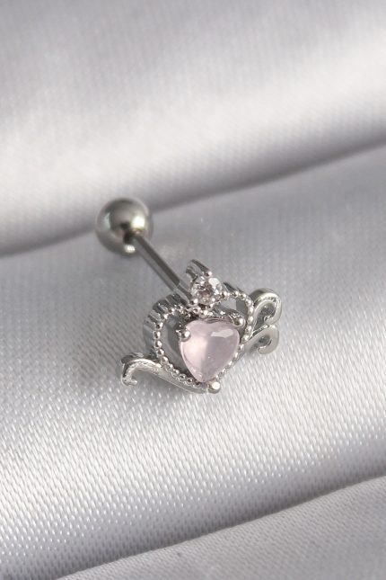 Bouquet Boutique 316L Çelik Gümüş Renk Pembe Mineli Kalp Zirkon Taş Detay Tragus Piercing