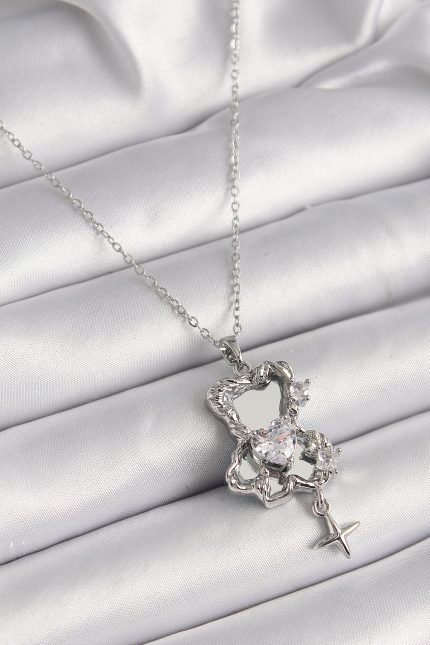 Bouquet Boutique 316L Çelik Gümüş Renk Ayna Ayıcık Model Zirkon Taşlı Kalp Detay Kadın Kolye