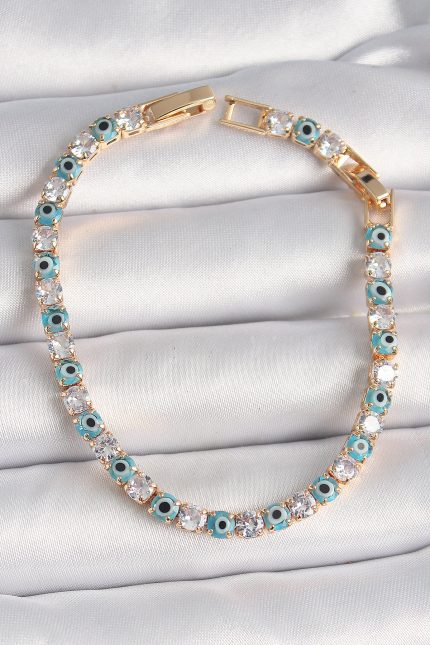 Bouquet Boutique Pirinç Gold Renk Su Yolu Zirkon Taşlı Nazar Boncuklu  Bileklik
