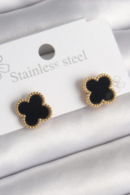 Bouquet Boutique 316L Çelik Gold Renk Siyah Yonca Model  Küpe