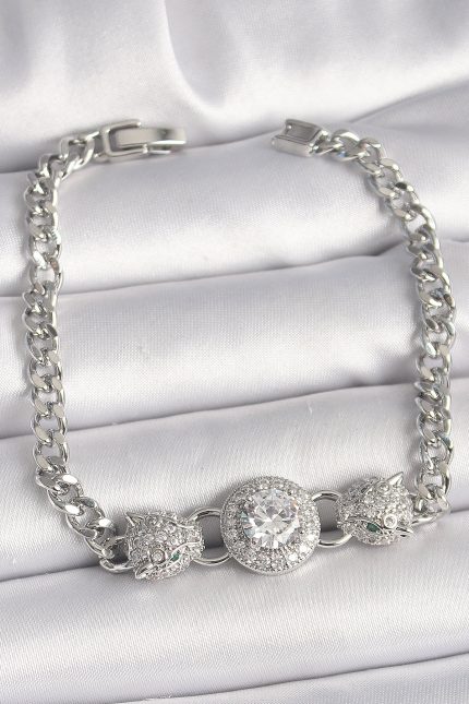 Bouquet Boutique Pirinç Gümüş Renk Zirkon Taşlı Leopar Figür Zincir Model Kadın Bileklik