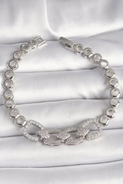 Bouquet Boutique Pirinç Gümüş Renk Zirkon Taşlı Daire Zincir Model Kadın Bileklik