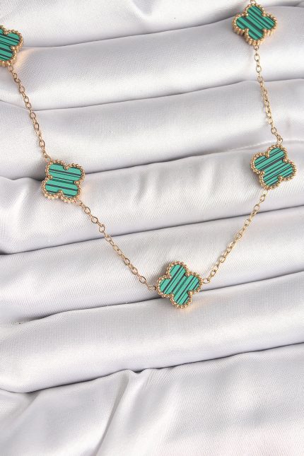 Bouquet Boutique 316L Çelik Gold Renk Zincir Yeşil Yonca Model Kadın Kolye