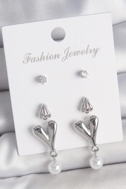 Bouquet Boutique Pirinç Gümüş Renk Zirkon Taşlı Sallantılı Kalp Model 3 Çift Kadın Küpe Seti