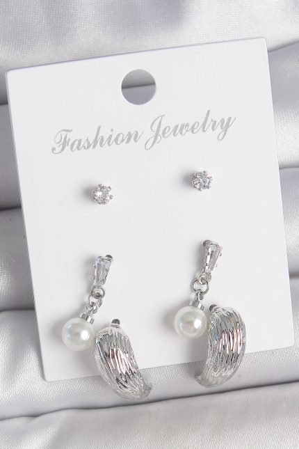 Bouquet Boutique Pirinç Gümüş Renk Sallantılı Zirkon Taşlı Damla Model 3 Çift Kadın Küpe Seti