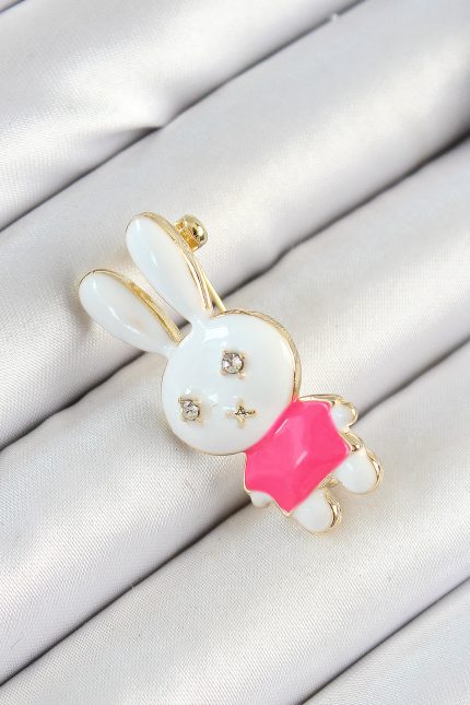 Bouquet Boutique Zirkon Taş Detaylı Beyaz Ve Pembe 3D Tavşan Figürlü Kadın Broş