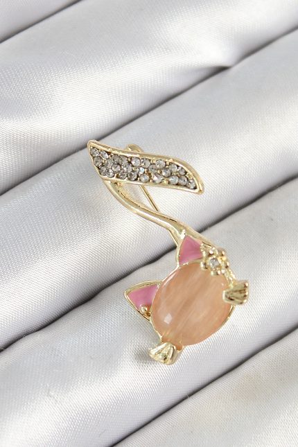 Bouquet Boutique Zirkon Taşlı 3D Kedi Detaylı Nota Figürlü Gold Renk Kadın