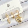 Bouquet Boutique Pirinç Zirkon Taşlı Kalp Model Gold Renk 3'lü Çift Kadın Küpe Set