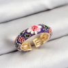 Bouquet Boutique Pirinç Mor Mineli Çiçek Motifli Gold Renk Ayarlanabilir Kadın Yüzük