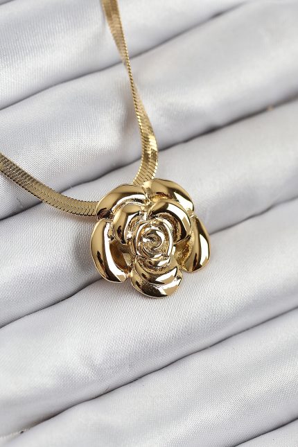 Bouquet Boutique 316L Çelik Gül Figürlü İtalyan Zincir Model Gold Renk Kadın Kolye