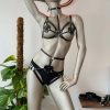 Bouquet Boutique  Kalp Detaylı Siyah Deri Jartiyer Harness Sütyen Takım