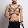 Kırbaç ve Çivili Choker Detaylı Erkek Fantazi Giyim, Deri Erkek Harness Takım - APFTM102
