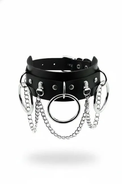 Siyah Choker Deri Zincirli Büyük Halkalı - APFT407