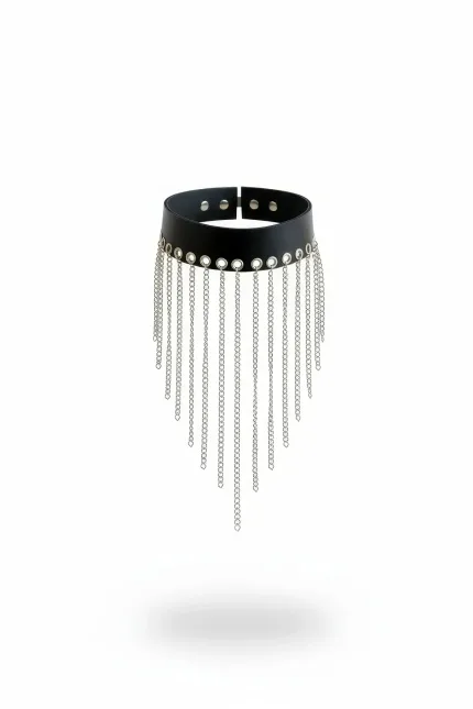 Siyah Choker Uzun Zincir Püsküllü Deri Gerdanlık - APFT629