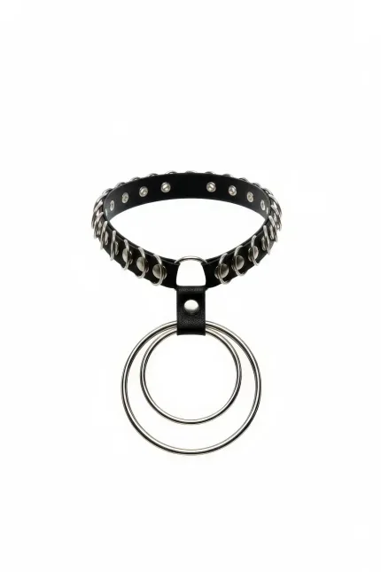 Siyah Choker Zımbalı Çift Halkalı Lastik Kolye - APFT576