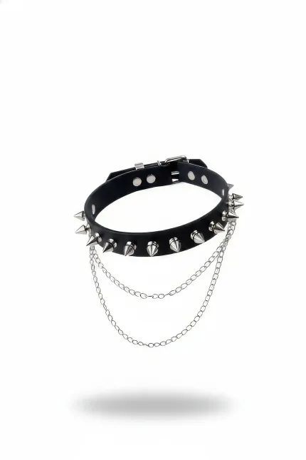 Siyah Choker Zımbalı Zincirli Deri Gerdanlık - APFT975
