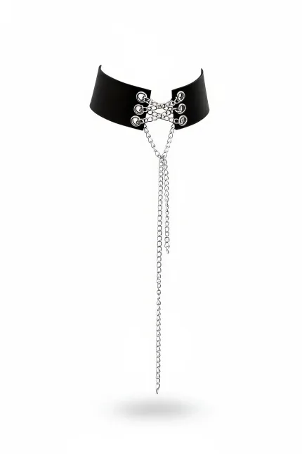 Siyah Choker Zincir Detaylı Kalın Deri Gerdanlık - APFT428