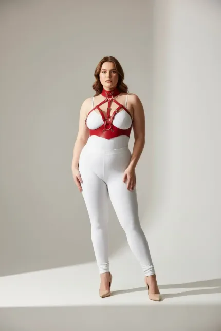 Büyük Beden Kırmızı Kadın Deri Harness Takım Fantazi Tasmalı - APFT1286