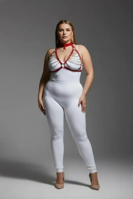 Büyük Beden Kırmızı Kadın Harness Takım Zincir Detaylı Fantezi Choker Yaka - APFT945