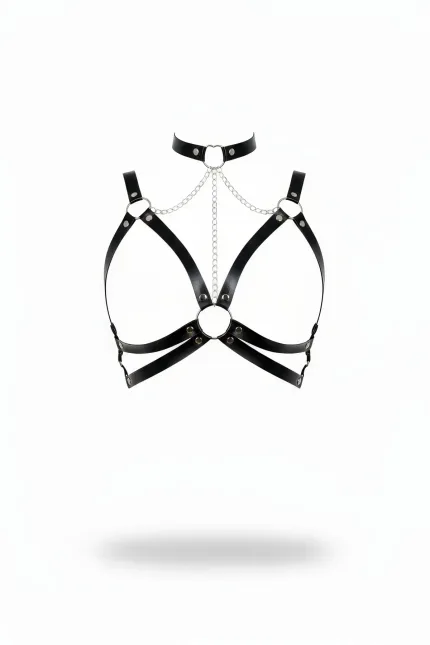 Siyah Göğüs Harness Zincir Detaylı Deri Choker - APFT797