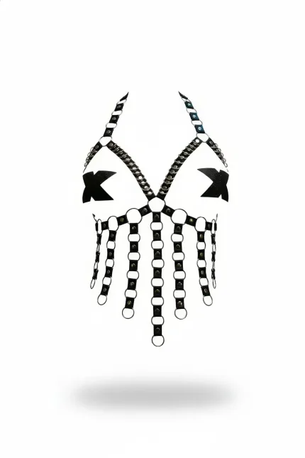 Siyah Göğüs Harness Zincir Detaylı Metal Halkalı Body Aksesuarı - APFT567
