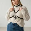 Büyük Beden Siyah Kadın Kemer Choker Yaka Haç Detaylı Deri Harness - APFT404