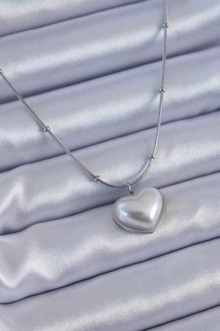 Bouquet Bouqtique 316L Çelik Gümüş Renk İncili Kalp Model Minimal Top Detay Kadın Kolye BQT35BKO7614