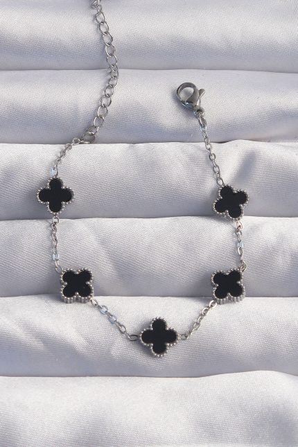 Bouquet Bouqtique 316L Çelik Baby Boy Gümüş Renk Siyah Mineli Yonca Bileklik BQT35BB6275