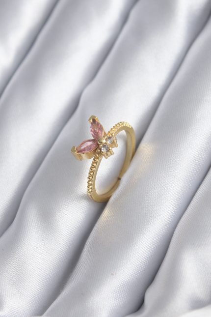 Bouquet Bouqtique Gold Renk Pembe Zirkon Taşlı Kelebek Model Kadın Yüzük BQT35BYK2842