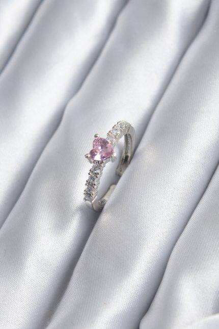 Bouquet Bouqtique Gümüş Renk Zirkon Taşlı Pembe Kristal Kalp Model Kadın Yüzük BQT35BYK2851