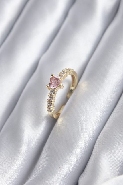 Bouquet Bouqtique Gold Renk Zirkon Taşlı Pembe Kristal Kalp Model Kadın Yüzük BQT35BYK2852
