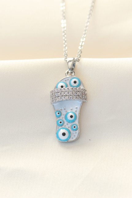 Bouquet Bouqtique 316L Zinciri Çelik Zirkon Taşlı Gümüş Renk Nazar Boncuklu Terlik Kolye BQT35BKO8495