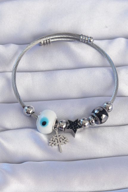 Bouquet Bouqtique 316L Çelik Gümüş Renk Siyah Zirkon Taşlı Yıldız Tasarımlı Ağaç Detay Nazarlı Charm Bileklik BQT35BB6198