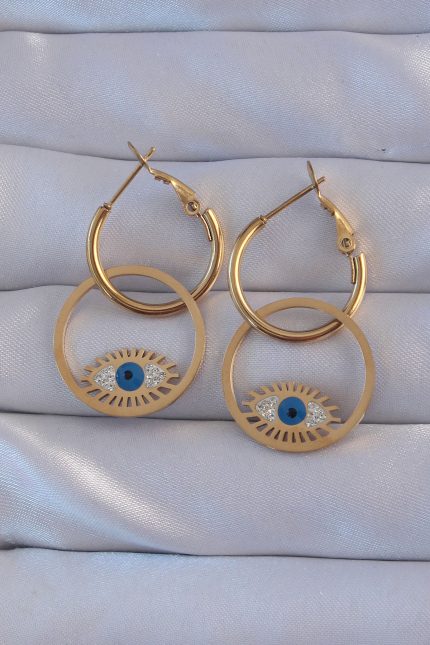Bouquet Bouqtique 316L Çelik Gold Renk Zirkon Taşlı Mavi Göz Tasarımlı Halka Küpe BQT35BKP9164