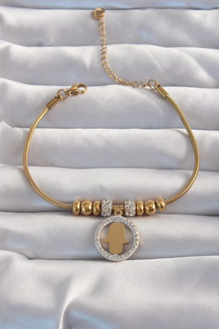 Bouquet Bouqtique 316L Çelik Gold Renk Zirkon Taş Aksesuarlı Fatma Ana Eli Bileklik BQT35BB6233