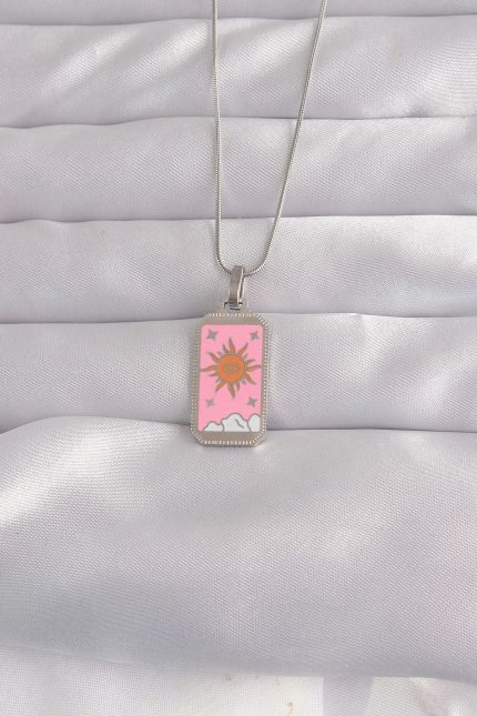 Bouquet Bouqtique 316L Çelik Gümüş Renk Pembe Mineli Güneş Model Tarot Kolye BQT35BKO9043