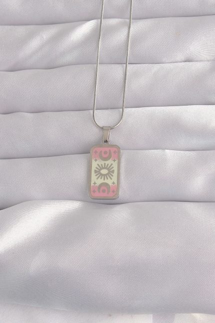 Bouquet Bouqtique 316L Çelik Gümüş Renk Pembe Mineli Ay Figür Tarot Kolye BQT35BKO9045