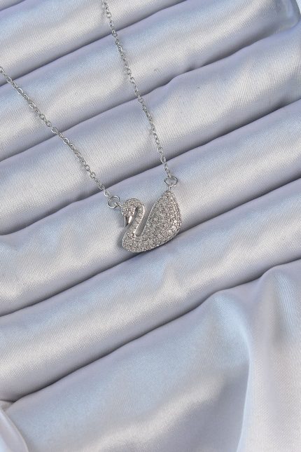 Bouquet Bouqtique 316L Çelik Zincir Gümüş Renk Zirkon Taşlı Kuğu Kolye BQT35BKO9150