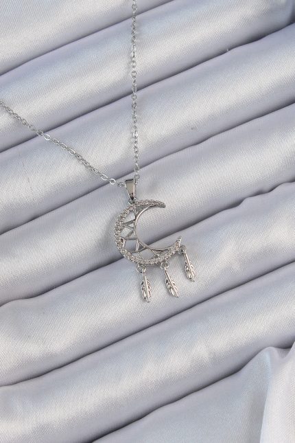 Bouquet Bouqtique 316L Çelik Zincir Gümüş Renk İşlemeli Zirkon Taşlı Ay Kolye BQT35BKO9172