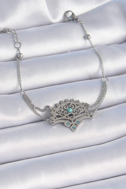 Bouquet Bouqtique 316L Çelik Gümüş Renk Mavi Taşlı Etnik Desen Kadın Bileklik BQT35BB6436