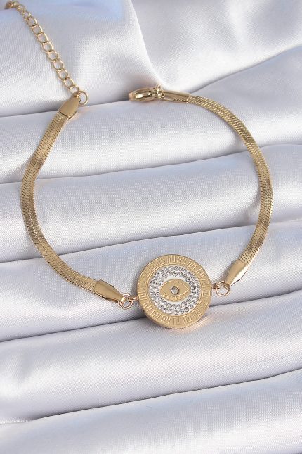Bouquet Bouqtique 316L Çelik Gold Renk İtalyan Zincir Zirkon Taşlı Göz İşlemeli Madalyon Model Kadın Bileklik BQT35BB6445