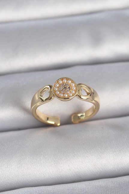 Bouquet Bouqtique Pirinç Gold Renk Zirkon Taşlı İncili Kalp İşleme Detay Ayarlanabilir Kadın Yüzük BQT35BYK3358