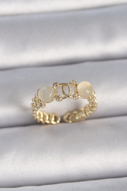 Bouquet Bouqtique Pirinç Gold Renk Ayarlanabilir Zirkon Taşlı Beyaz Mineli Birleşik Halka Model Kadın Yüzük BQT35BYK3402