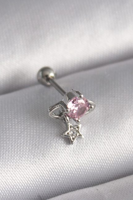 Bouquet Bouqtique 316L Çelik Gümüş Renk Pembe Zirkon Taşlı Sallantı Yıldız Detay Tragus Piercing BQT35PR1237