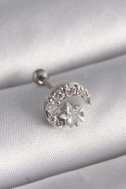 Bouquet Bouqtique 316L Çelik Gümüş Renk Zirkon Taşlı Ay Yıldız Tragus Piercing BQT35PR1257